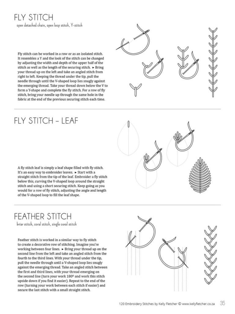 A book page showing written instructions and diagrams for fly and feather embroidery stitches.