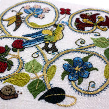 17th century garden embroidery with garden plants and creatures by SFSNAD