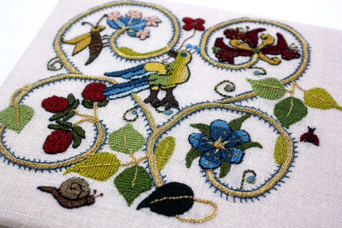 17th century garden embroidery with garden plants and creatures by SFSNAD