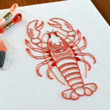 Anatomical Lobster embroidery by Kelly Fletcher