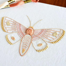 An anatomical Moth embroidered with lots of depth and texture in pinks and yellows on white fabric