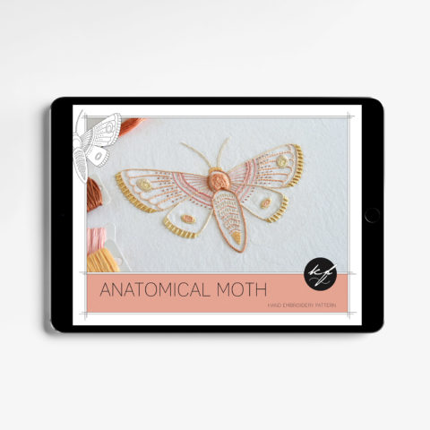 Anatomical Moth embroidery pattern by Kelly Fletcher in tablet