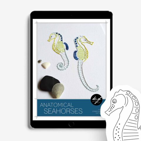 Anatomical Seahorses embroidery pattern by Kelly Fletcher shown printed and in a tablet