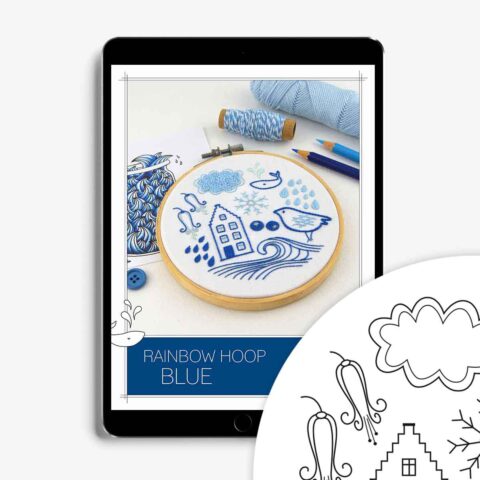 A tablet showing the pattern for several folk art objects embroidered in blue