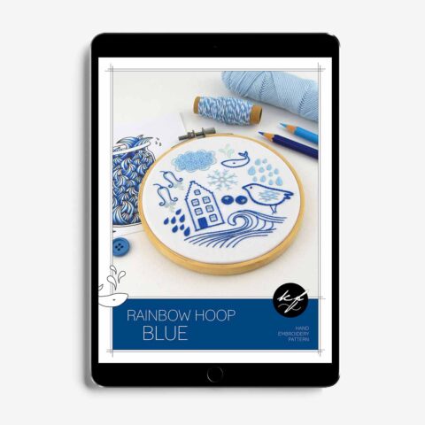 A tablet showing the pattern for several folk art objects embroidered in blue