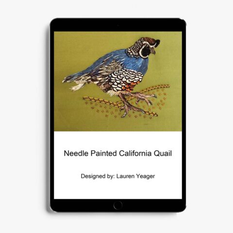California quail embroidery instructions shown in a tablet