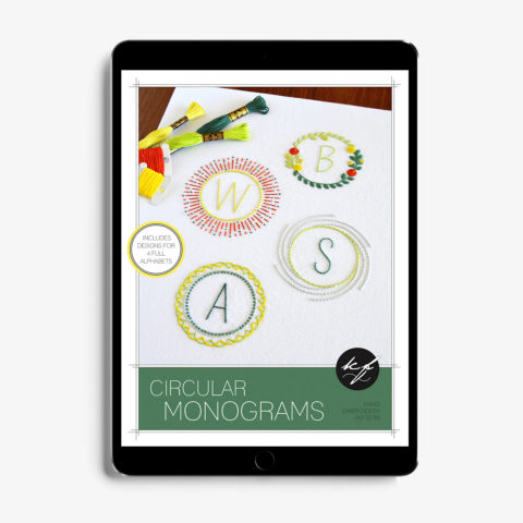 Circular monograms embroidery pattern by Kelly Fletcher on tablet