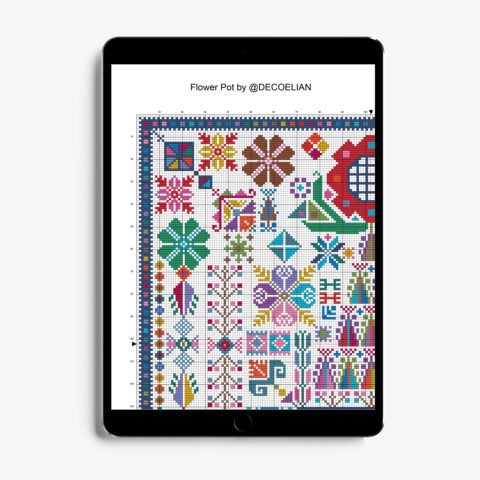 Flower pot tatreez cross stitch by DecoElian chart in tablet