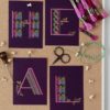 Purple postcards, each with one letter printed on it spelling out the word "heal" embellished with colorful geometric embroidery patterns and laid on a cork background