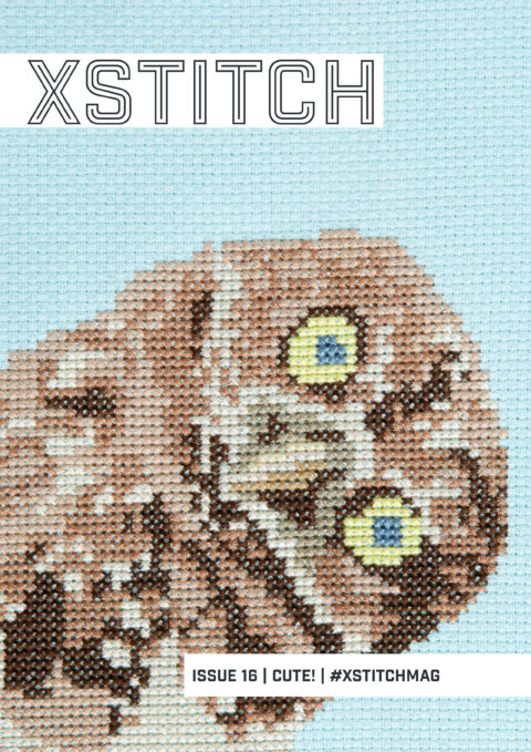 The cover of XStitch magazine issue 16 featuring a wide-eyed owl with its head cocked all the way to one side