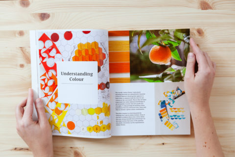 A spread of two pages in a book. The left page shows the title "understanding colour" and the right page shows a collage of images of various orange images including cut out paper circles, paint chips, and fruit