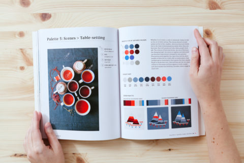 A spread of two pages in a book. The left page shows cups of red tea from above on a dark blue tablecloth and the right page shows a color palette made from the tea image and three examples of a drawing of mountains with different colors from the palette foregrounded