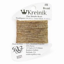 Kreinik fine metallic braid thread size 8 antique gold 221 15yd card