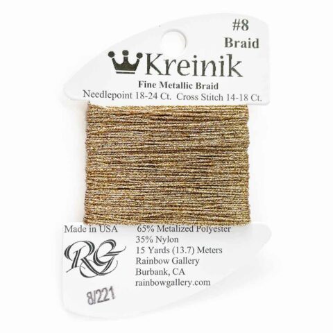 Kreinik fine metallic braid thread size 8 antique gold 221 15yd card