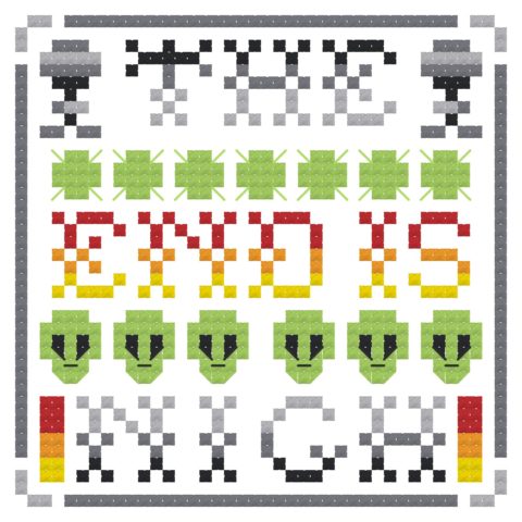 Cross stitch grid drawing of the words "The end is nigh" in an 8-bit arcade game style with a row of alien heads, atomic bombs, and high temperature gauges