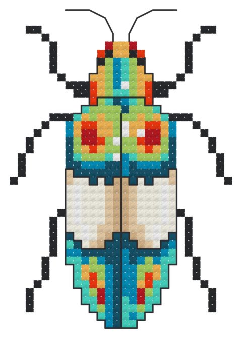 Cross-stitch grid drawing of a rainbow jewel beetle