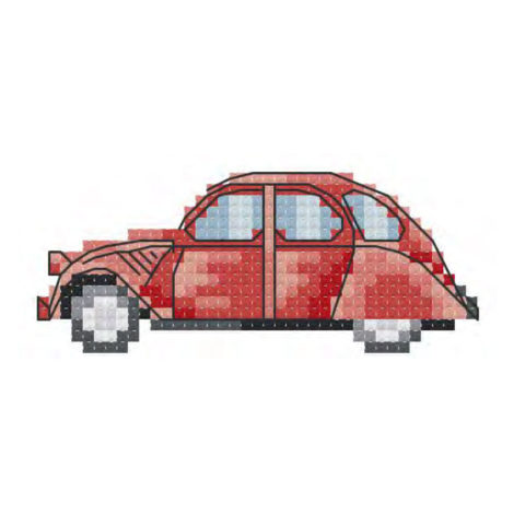 Cross-stitch mockup of a red volkswagen beetle car