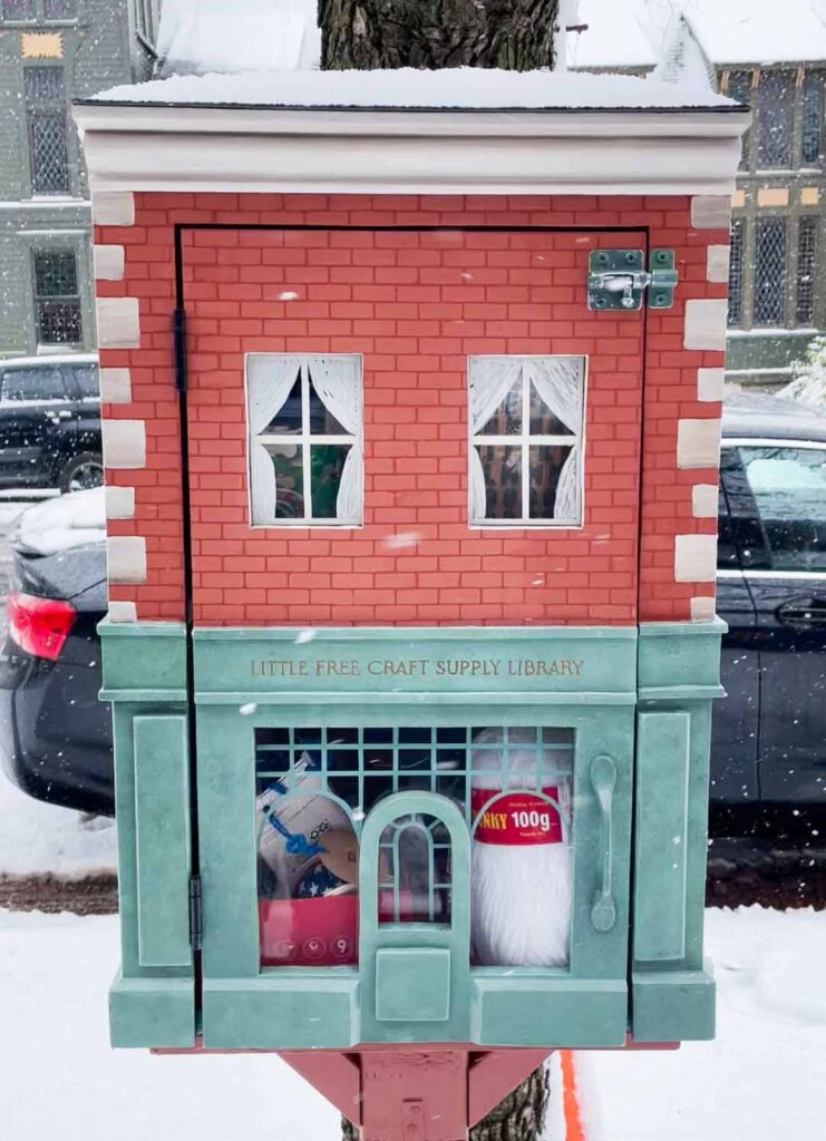 Little free craft supply library in snow