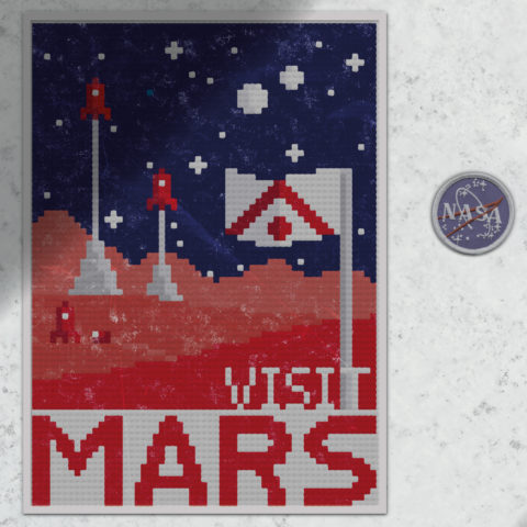 Cross-stitched travel poster reading "Visit Mars" showing rockets taking off and a white flag on a red, rocky space landscape next to a NASA badge