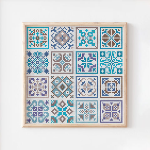 Mediterranean tiles tatreez cross stitch DecoElian framed