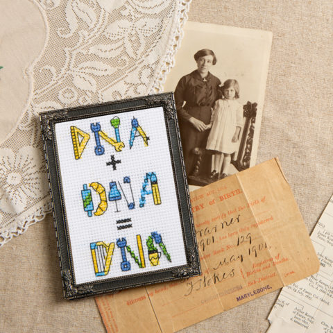 A cross stitch of the words "DNA + DNA = DNA" stitched in yellow and blue and displayed in a small metal frame alongside an old letter, a black and white photo, and a lace doily