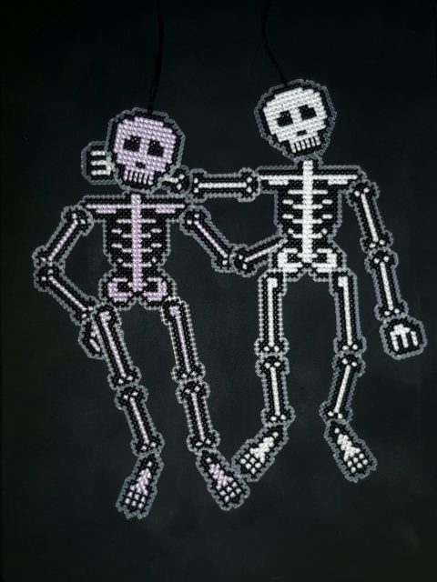 Pair of Cross stitch skeleton jointed hanging decorations