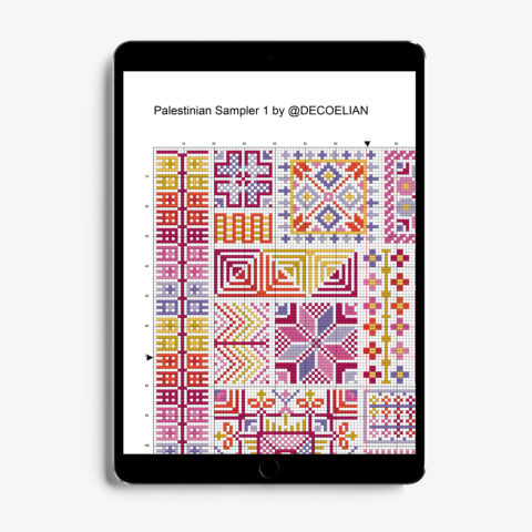 Palestian Sampler 1 tatreez cross stitch by DecoElian chart in tablet