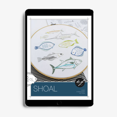 Shoal embroidery pattern of anatomical fishes by Kelly Fletcher in tablet