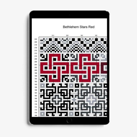 Stars of Bethlehem tatreez cross stitch DecoElian chart shown on tablet