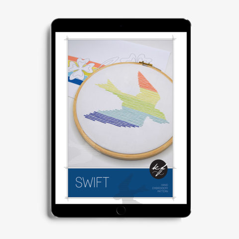 Swift bird rainbow Embroidery Pattern Maydel by Kelly Fletcher in a tablet