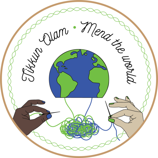 Embroidery pattern showing two hands stitching the earth back together frmo a ball of unraveled thread
