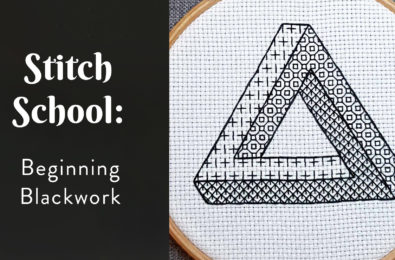 The words "stitch school: beginning blackwork" next to an impossible penrose triangle blackwork embroidery on white fabric in a wood hoop