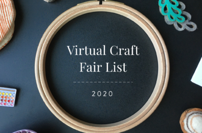 Virtual craft fairs list 2020 in an embroidery hoop surrounded by various handmade gifts