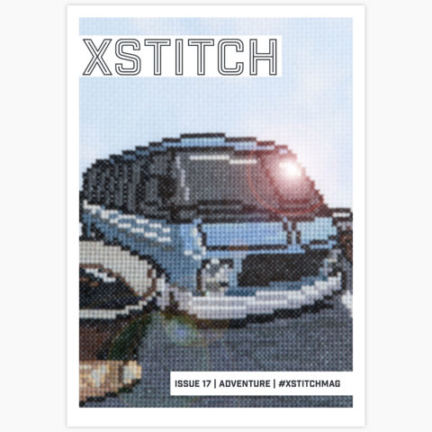 Cover of XStitch Magazine Issue 17, featuring a cross-stitch of an RV and a hand holding a cup of coffee