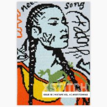 Xstitch magazine issue 18 cover showing a cross-stitch of a young woman with cornrow braids dressed in a bright orange sweater and overlaid with graffiti text and images of a heart and a lizard