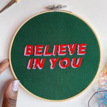 embroidery pattern composed of text that reads “Believe in you”