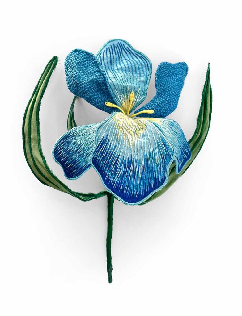 blue iris flower 3D stumpwork embroidery