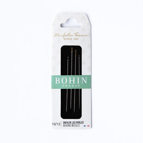 a package of bohin long beading needles in sizes 10 and 12