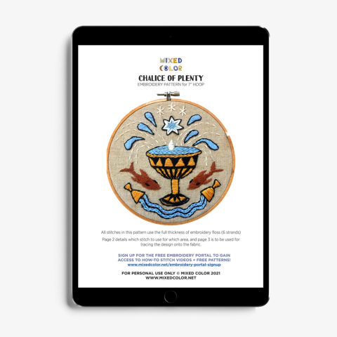 chalice of plenty embroidery pattern by Mixed Color cover page shown on a digital tablet