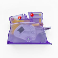 clover desktop automatic needle threader in clear purple plastic with lever