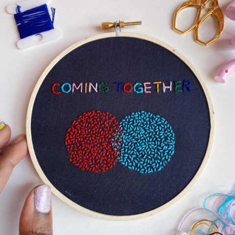embroidery pattern composed of text that reads “coming together” and a colorful Venn diagram design accenting the text