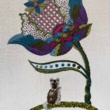 crewelwork thistle and mouse embroidered on linen