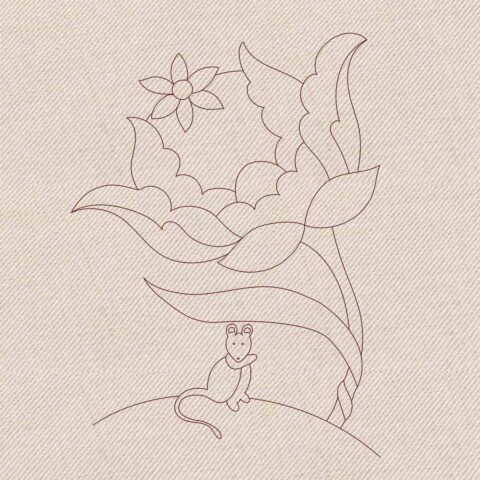 line drawing of a thistle and a mouse on linen fabric