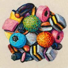 embroidered pile of all sorts candy in rainbow colors