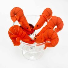 felt shrimp soft sculpture in a cocktail glass