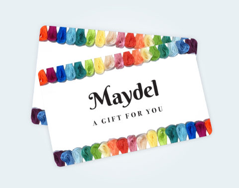 maydel gift cards showing an embroidery floss rainbow