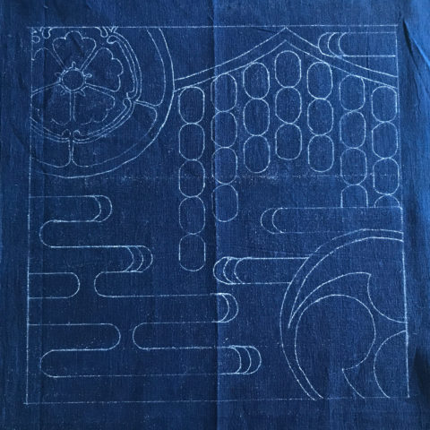 gion matsuri sashiko embroidery pattern by sashiko.lab transferred onto fabric