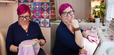 2 images of wellness coach jenni grover: stitching an embroidery and seated at a sewing machine