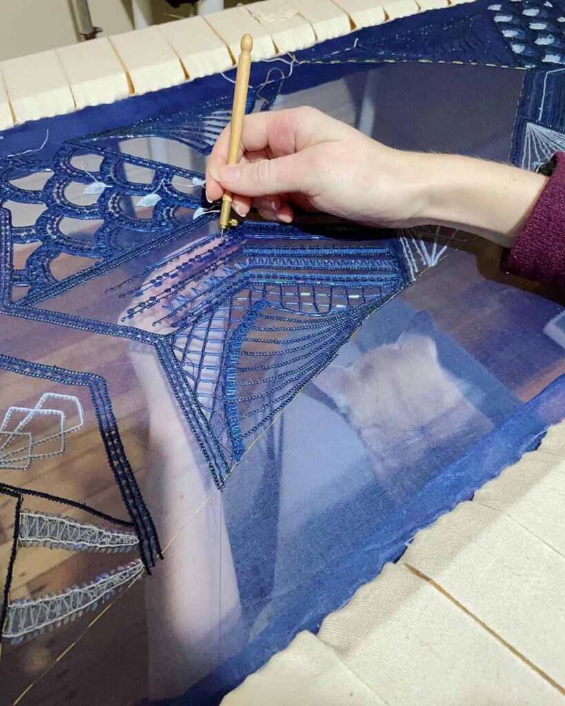 kat waters katmakes tambour embroidery in progress on frame