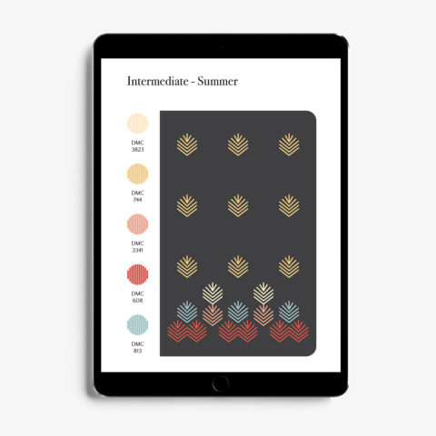 A tablet showing a chart for a geometric leaf stitch embroidery pattern in warm colors on black